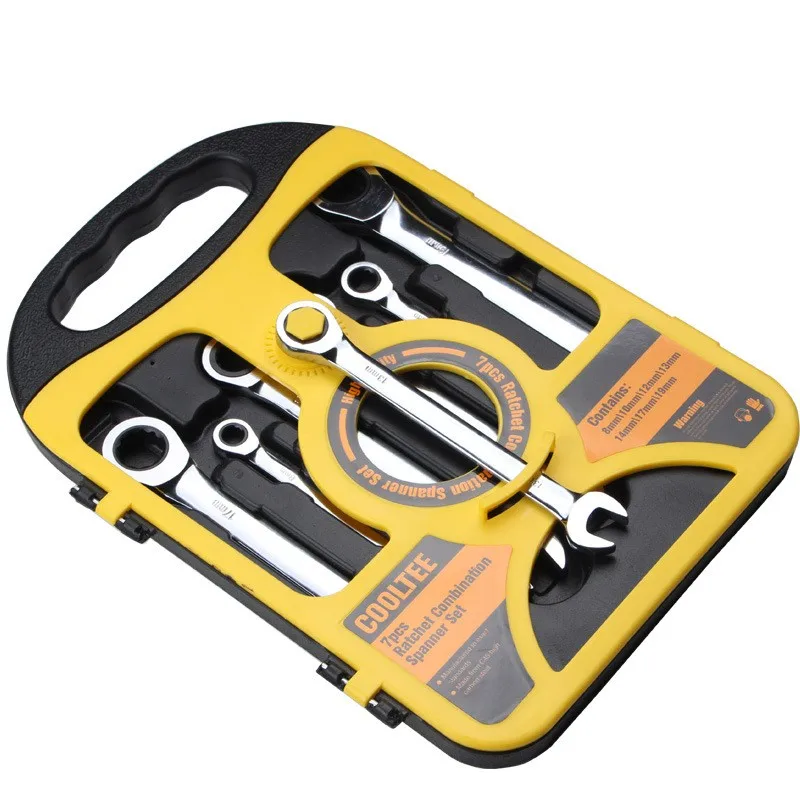 CRV steel quick 72 tooth ratchet wrench dual-purpose open end ring wrench set ratchet automatic wrench 7pcs set in plastic box