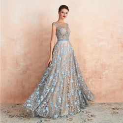 Women Fashion Long Party Gowns Sleeveless A Line Formal Sequin Elegant V Neck Lace Organza Evening Dresses