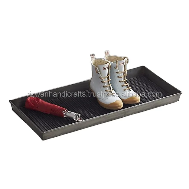 
Shoe Storage Boot Tray Zinc Antique Galvanized Metal with Rubber Mat Insert Black 