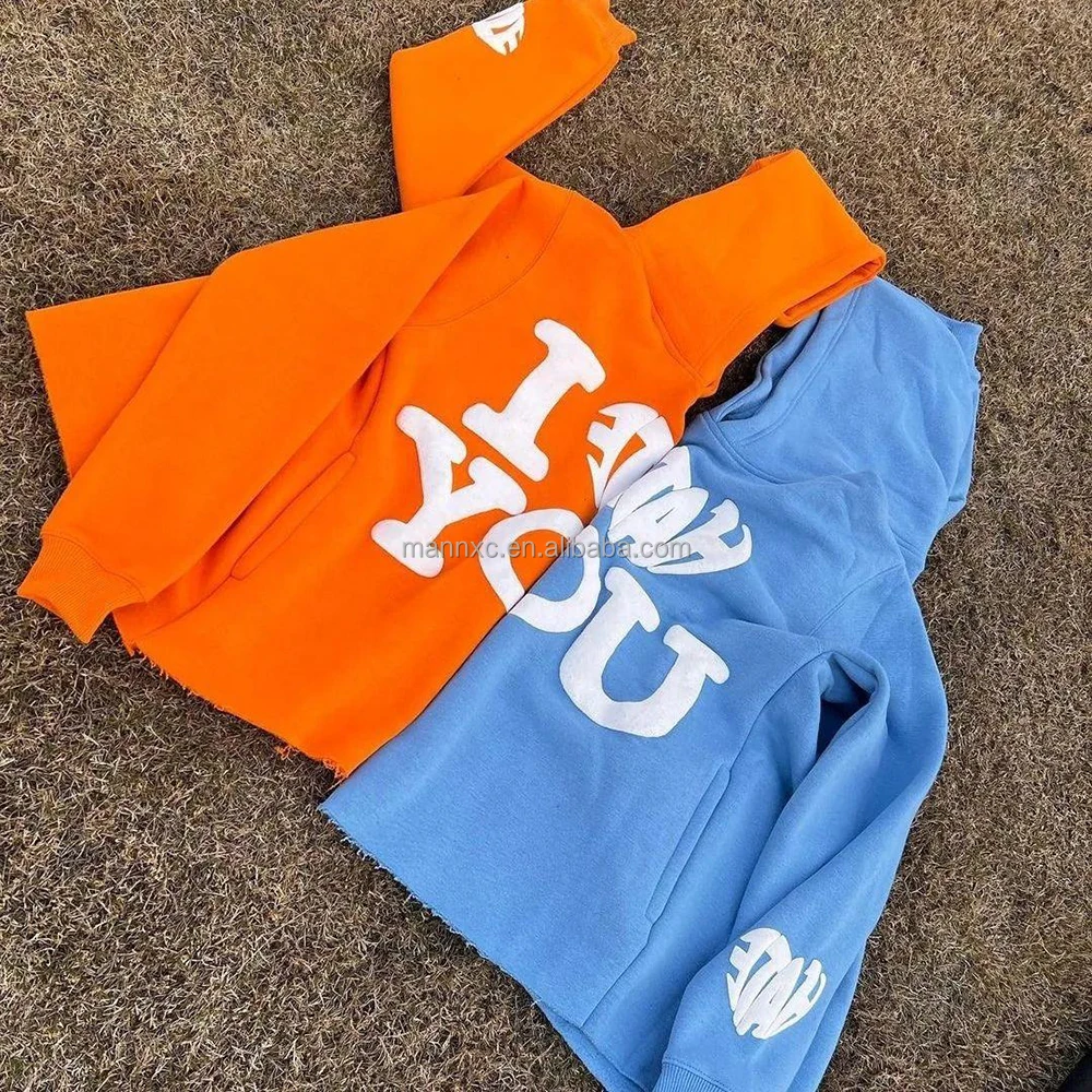 Oem 400gsm 450 Gsm Hoodie No String Pocket Crop Top Raw Hem Cut and Sew off Edge Custom 3D Foam Men Letter Puff Printing Hoodie