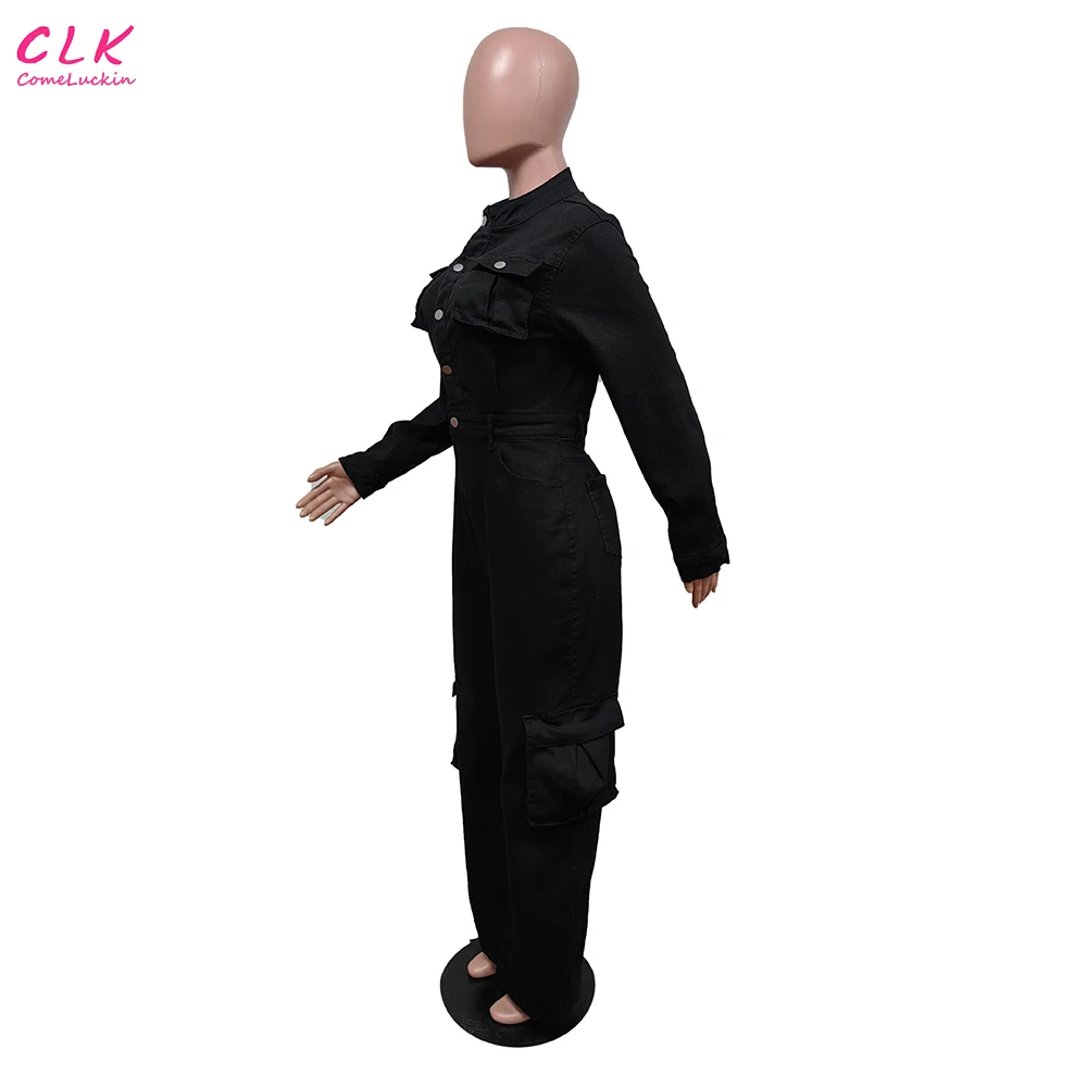 Custom Logo New Women Denim Pocket Front Turn-down Collar Long Sleeve Wide Leg Jean Jumpsuit Fashion One Piece Suit