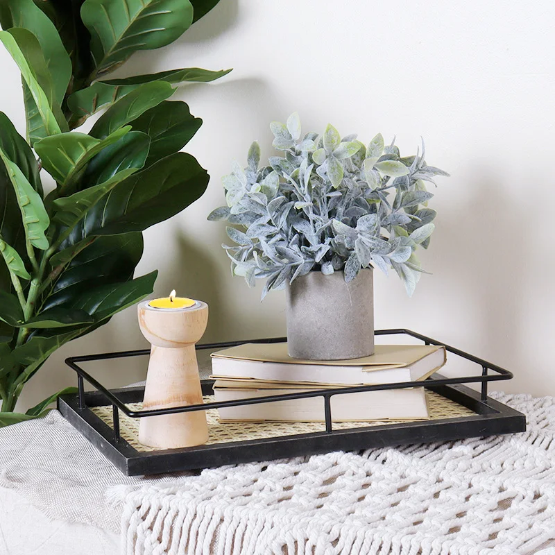 Custom rustic decor table ornament wooden serving tray nordic plastic rattan tray with metal handles