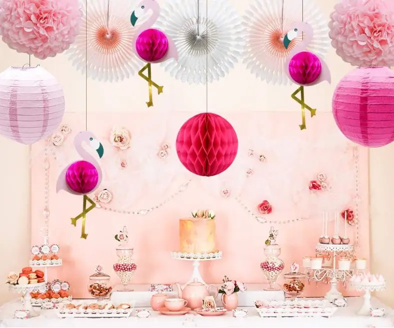 
Tropical Pink Flamingo Party Decoration, Poms Paper Flowers Tissue Paper Fan Paper Lanterns for Hawaiian Summer Beach Party 
