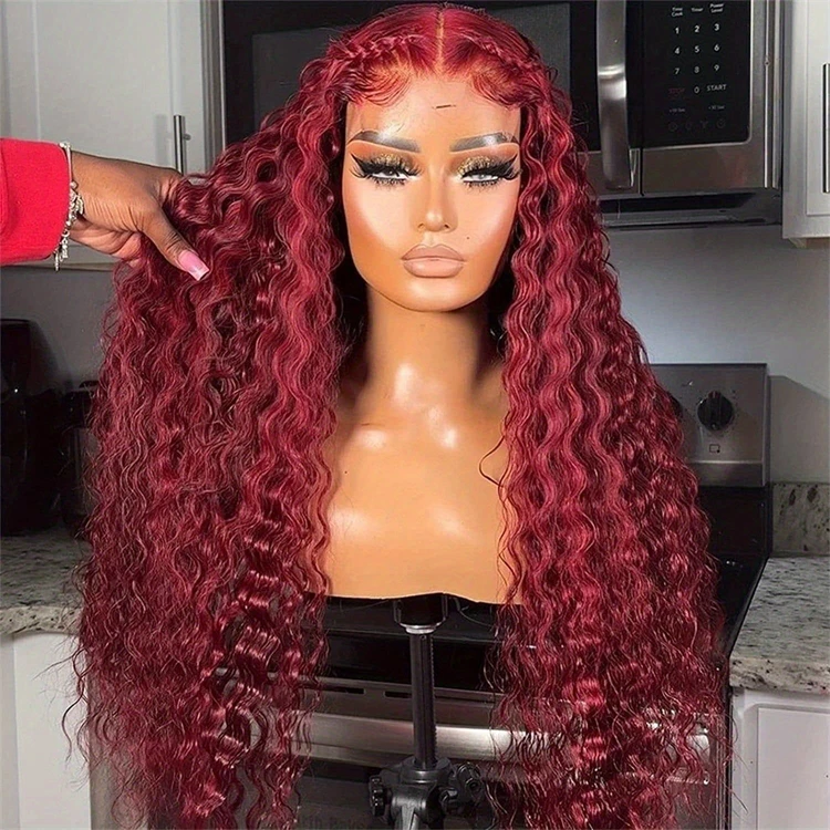 Transparent Lace Water Curly 13X4 Lace Front Wig 180% Density Red Burgundy Human Hair Wig 99J Color Wigs Human Hair Lace Front