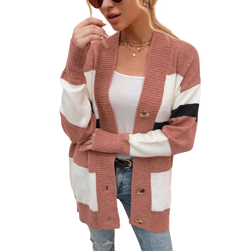 2022 Factory direct sale 100% acrylic striped color blocking Button sweater cardigan coat women