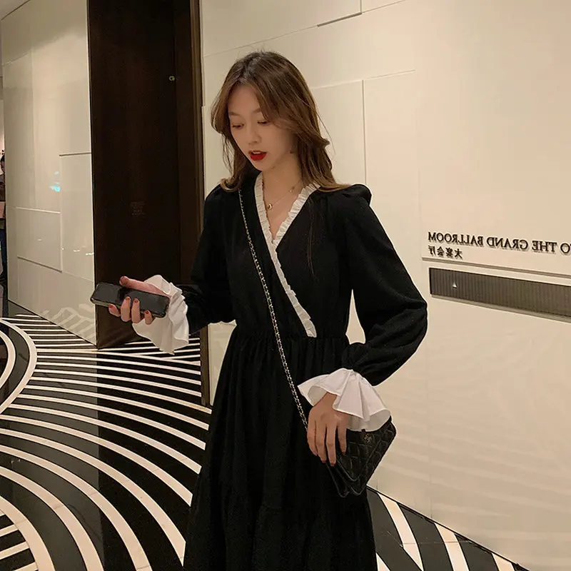 2021 Korean Style Black Autumn Women Dress Vintage Dresses Spring Long Lotus Sleeve Dress