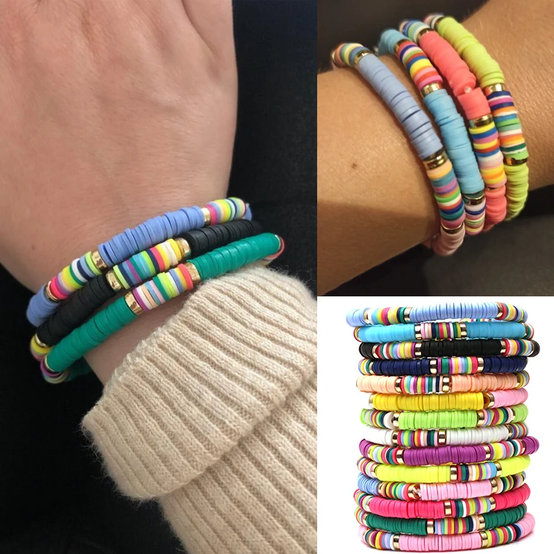 6mm Boho Colorful Polymer Clay Disc Soft Pottery Elastic Beads Bracelet Jewelry