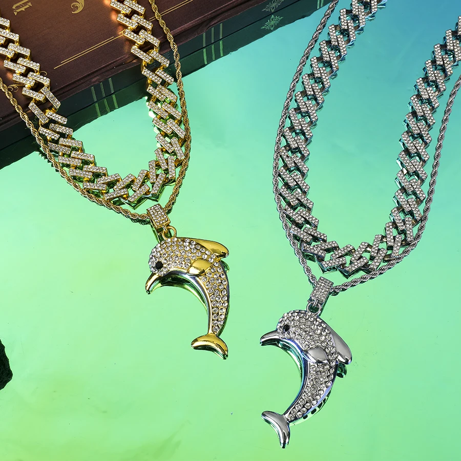 Factory direct sales cold fashion rhinestone cute animal diving dolphin pendant necklace with Cuban chain three piece set