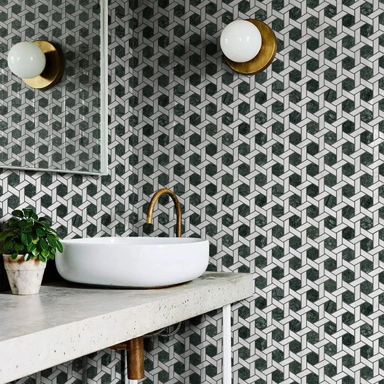 Hexagon Green and White Marble Tile Green Mosaic Tile Green Water Jet Marble Mosaic Tile