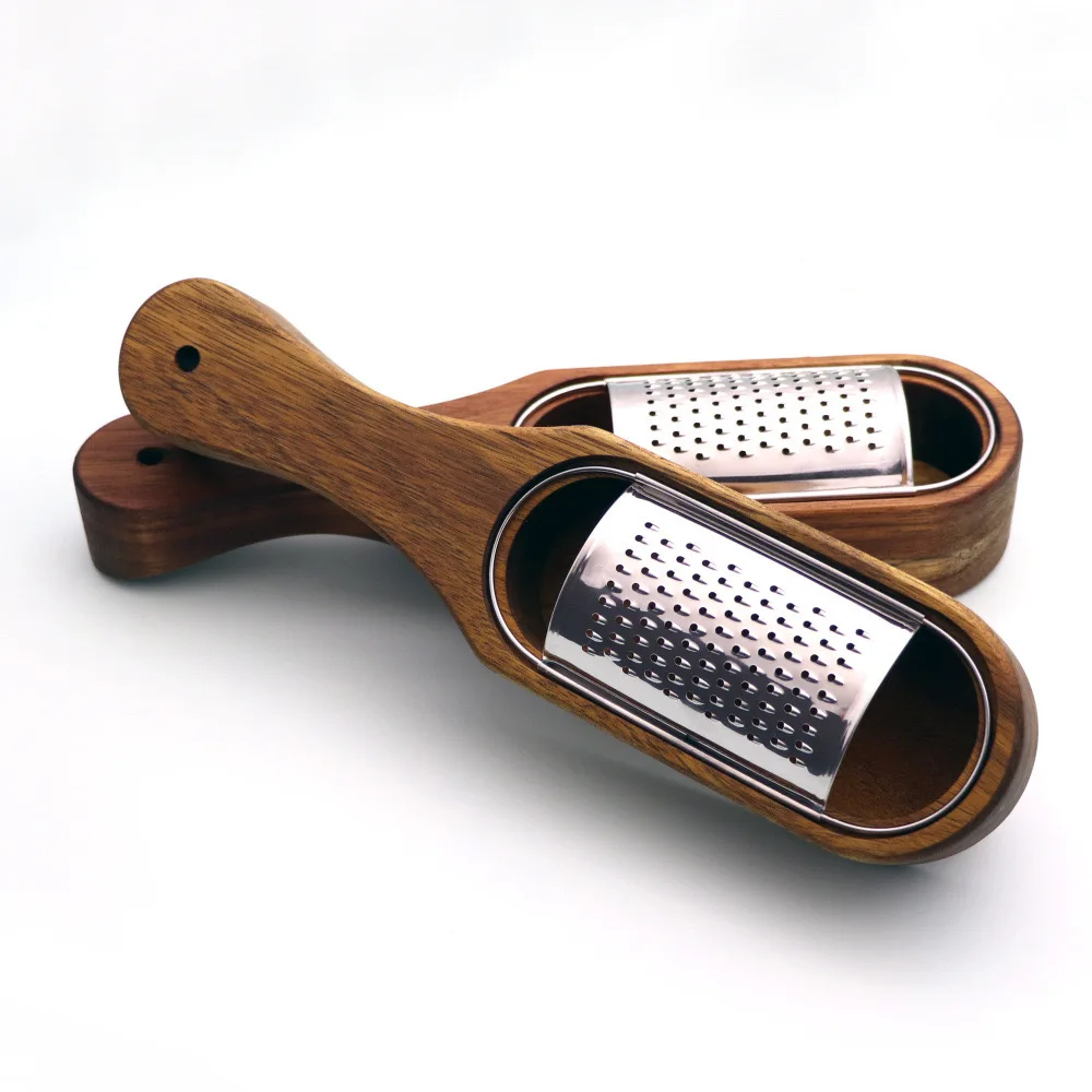 Multi-functional manual cheese grater with wood handle storage container stainless steel