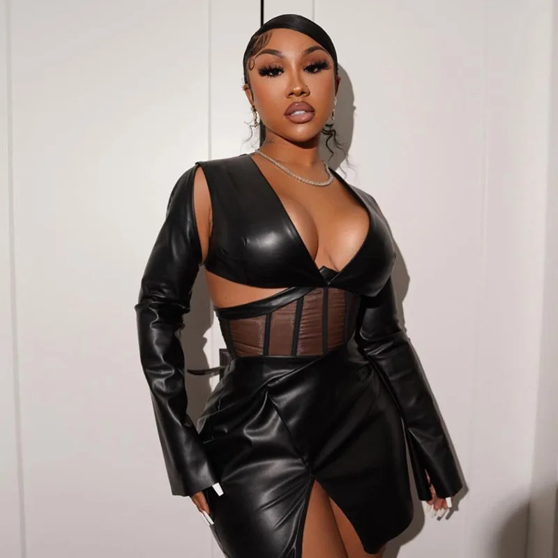 WT046 women fall fashion sexy mesh low-cut Fishbone corset hip-like leather dress