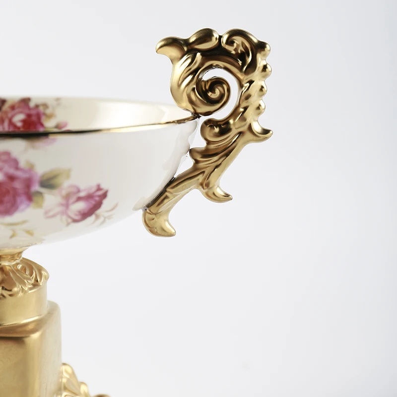 Luxury tableware with flowers and gold rim Bright glazed porcelain salad fruit ceramic bowl