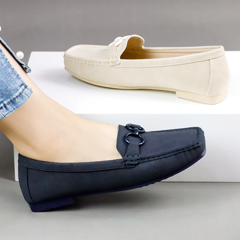 Suede Moccasin Shoes Chain Decoration Softsole Anti-slip Square Head Ladies Driving Slip On Loafers Ballet Flats