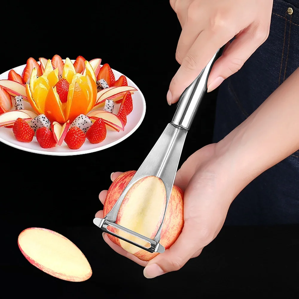 Stainless Steel Apple Carving Knife 2 in 1 Fruit Slicer Peeler Multi-functional Home Kitchen Creative Fruit Peeler Knife