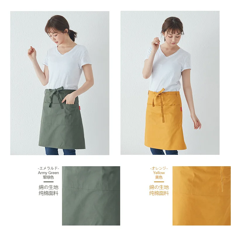 Japanese Barista Pattern Embroidery Logo Kitchen Waist Tool Half Cotton Restaurant Uniform Waiter Apron For Women