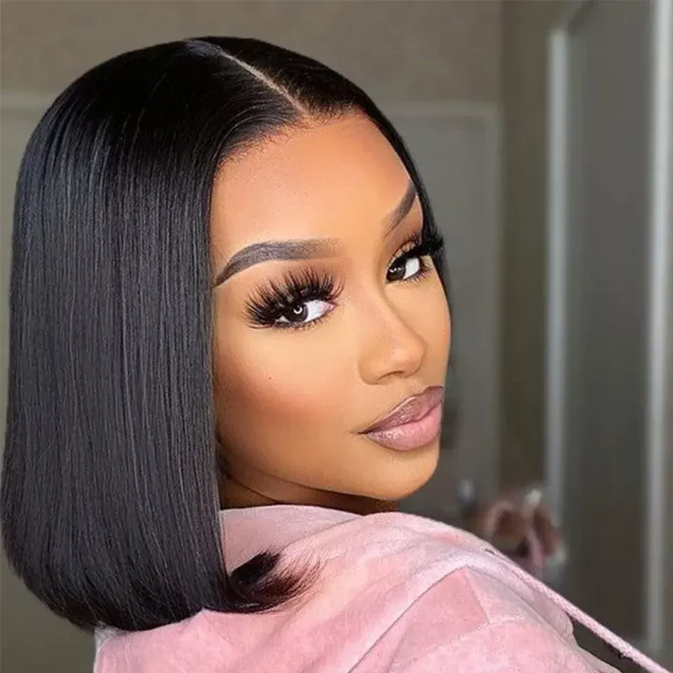 Cheap Middle Part Straight Short Bob Cut 180%Density 13X4HD Full Lace Frontal Human Hair Wig Deal Prepluck Double Drawn Glueless