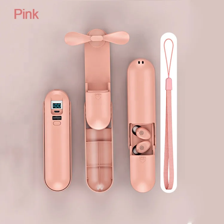 2021 Hot Selling 4 in 1Multifunctional Portable Mini Fan with Wireless Earphone Flashlight Power Bank Function