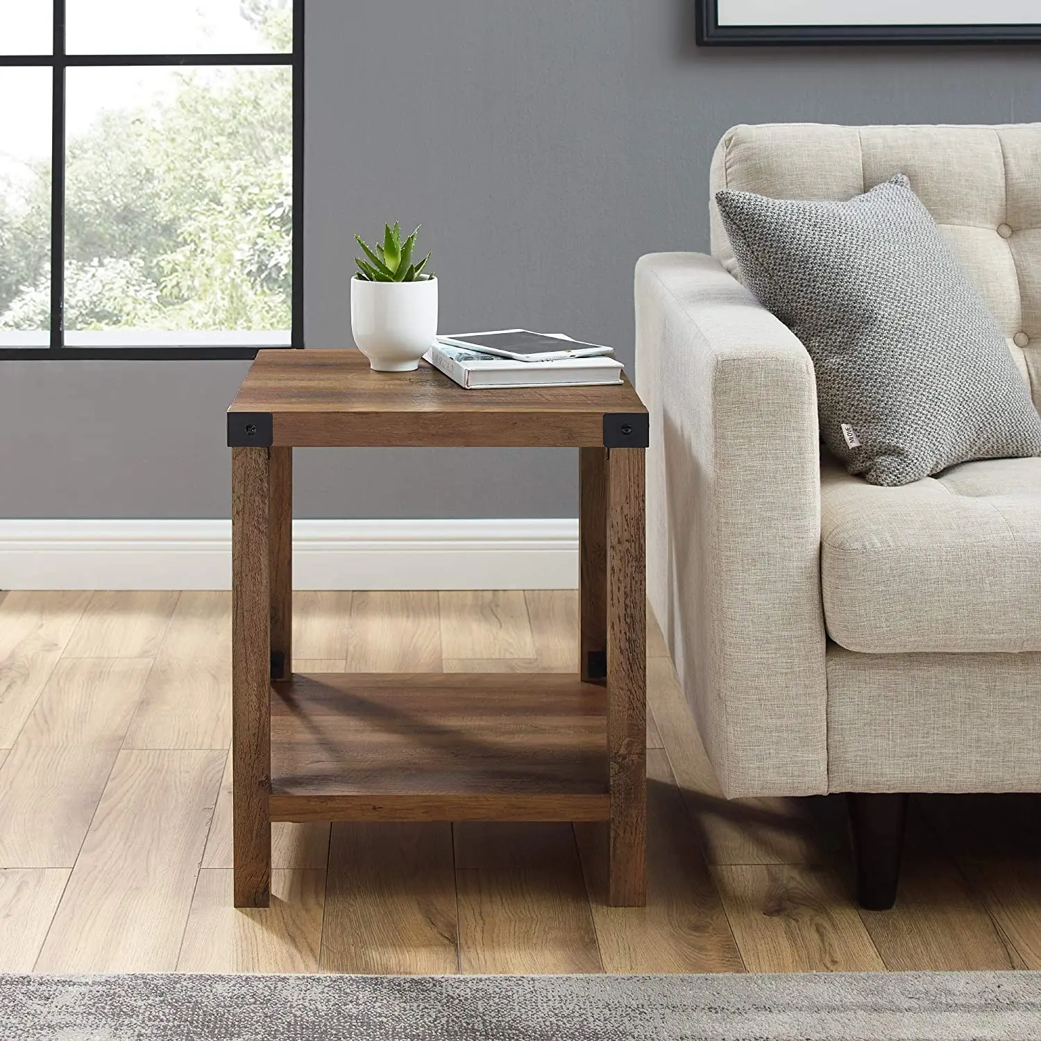 Vonssen Rustic Oak Modern Farmhouse Metal X Side Table