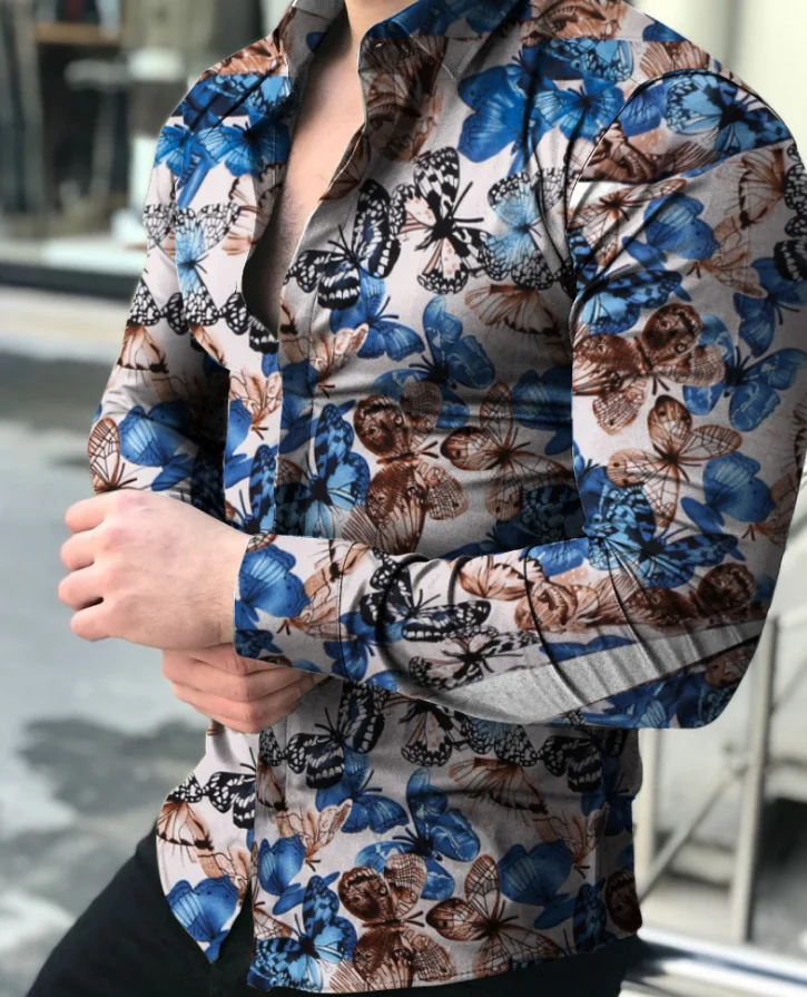 2021 wholesale slim fit man tops butterfly print shirts long sleeve men shirt
