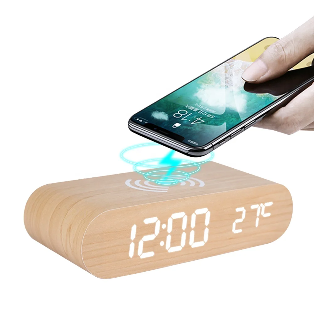 Wooden Qi Fast Wireless Charger With Digital Led Clock Wooden Qi Wireless ET588