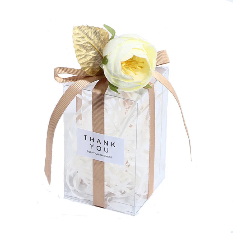 Популярная Прозрачная ПВХ ПЭТ 8*8*9 см Свадебная подарочная упаковочная коробка с лентой Свадебная коробка для конфет Прямая поставка с завода