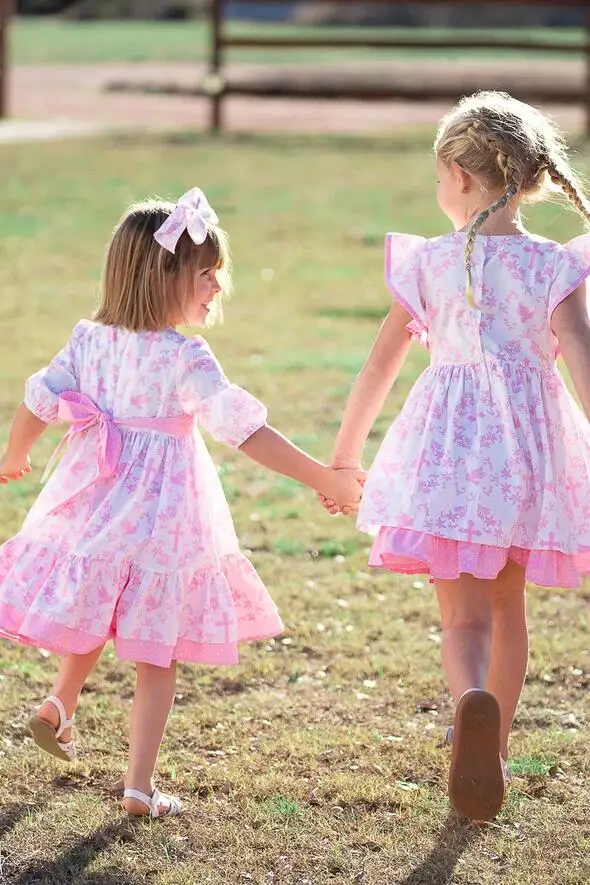 2022 Easter print new girl cute pink baby girl dress small flying sleeves ruffle hem kids dresses for girls