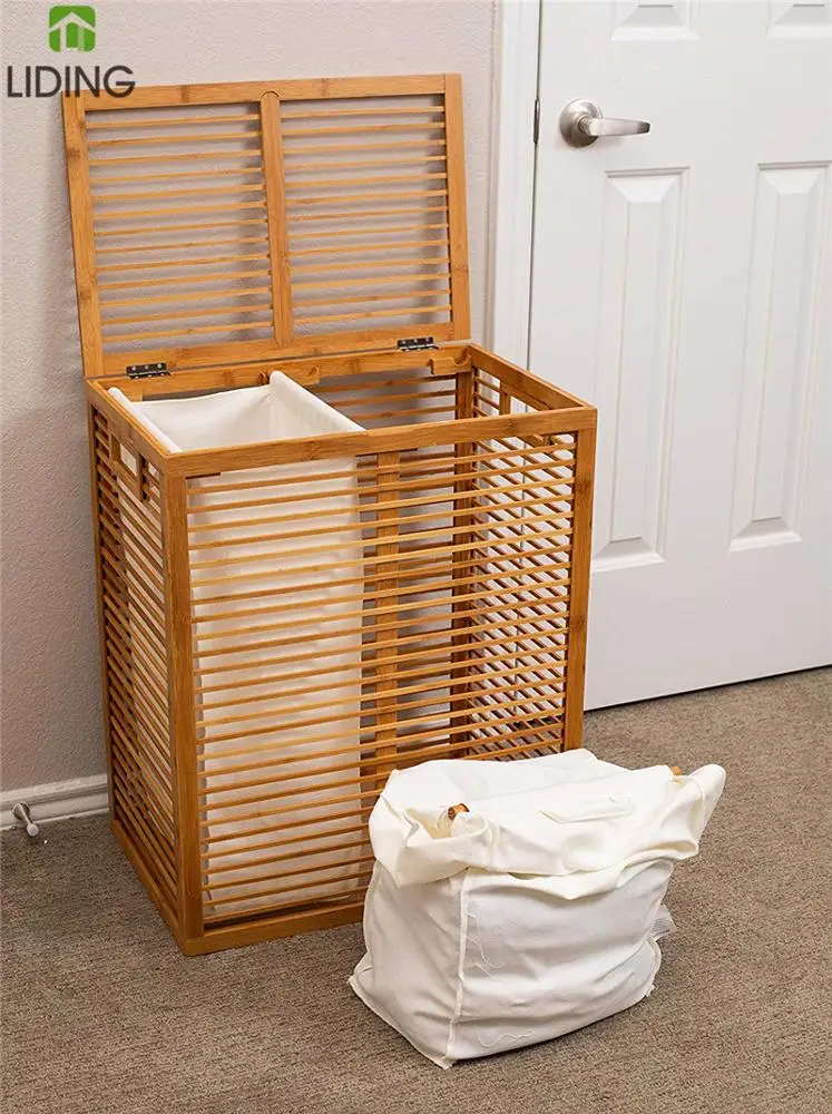 Bamboo Laundry Hamper with Lid and Removable Liners Wooden Foldable Hamper Baby Dirty Clothes Bin Sorter Basket