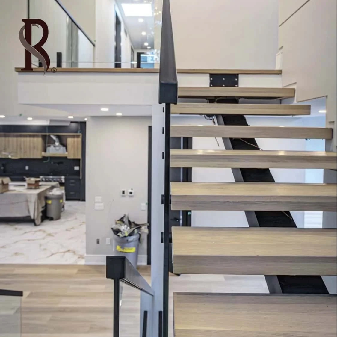 Rising OEM American Safety straight stair prefabricated stairs wood tread and glass railing interior staircase with LED light