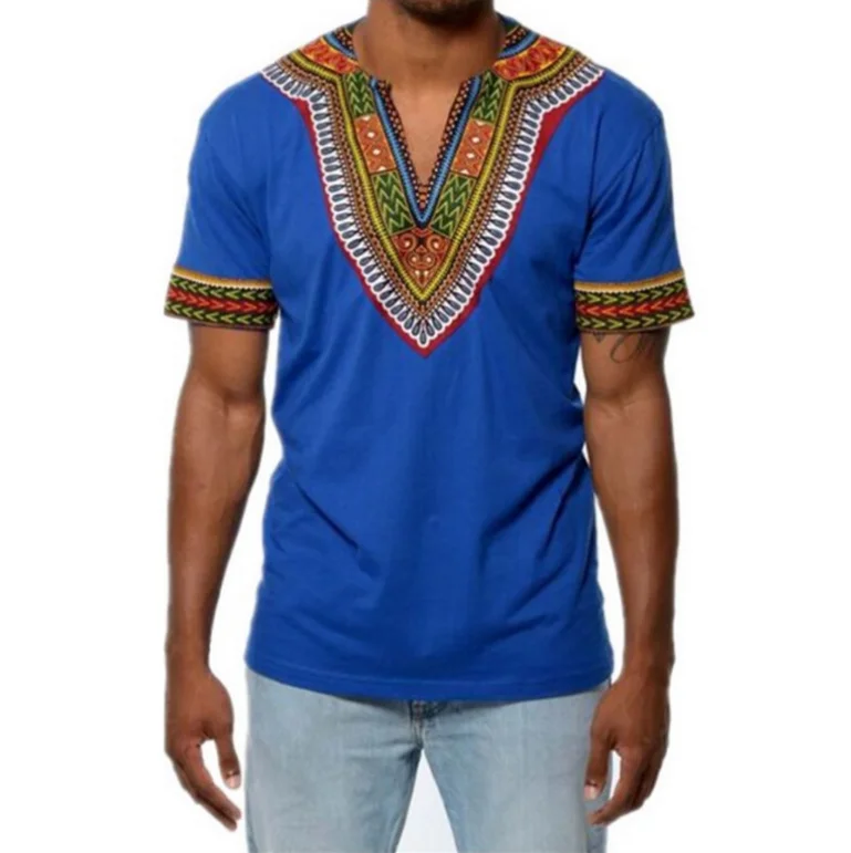  Fasion Wear Casual Short Sleeves V-neck T-shirt Ethnic Style African Wax Print Fabric Mens Top Designers Clothing Low