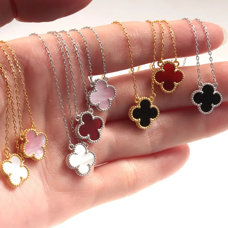 Daidan Clover Necklace 925 Sterling Silver Pink Clover 18K Plated Gold Red Black Agate Clover Shell Necklaces For Women