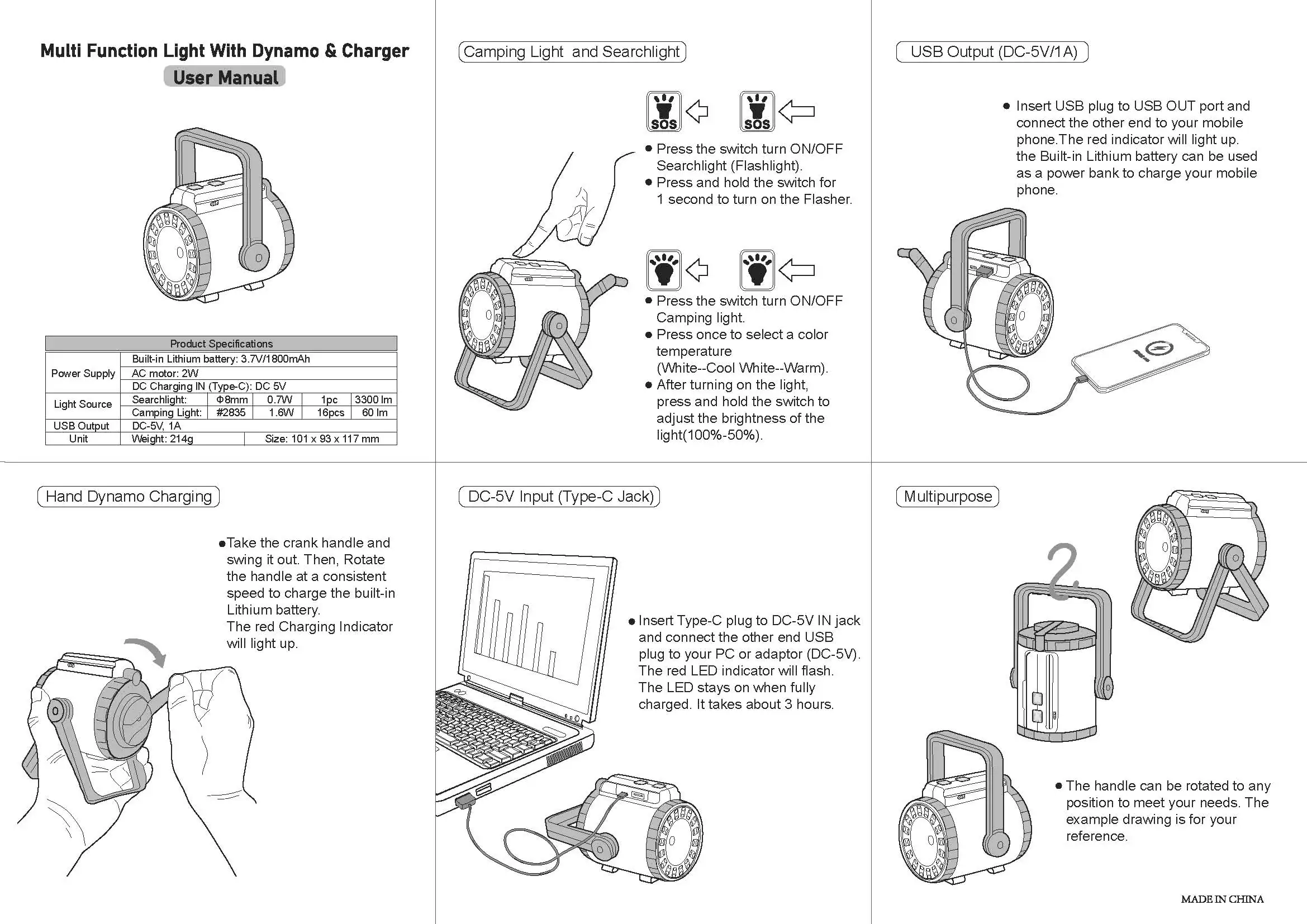 Camping LED flashlight with siren blinking and smart phone charger burglar alarm mobile phone charger
