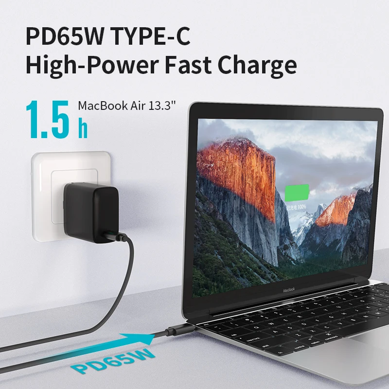 2021 product GaN Technology PD3.0 QC4.0 65W type c Fast Charger Power Delivery For Mobile Phone /Laptop/Macbook/airpad
