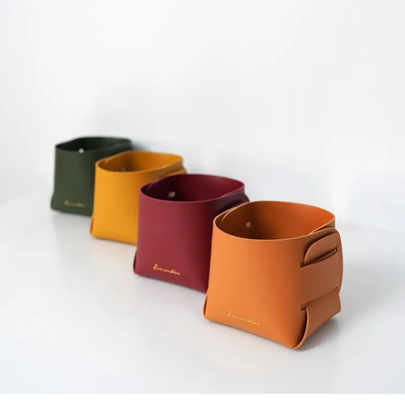 
PU leather storage basket home decoration Soft storage Foldable table collection 