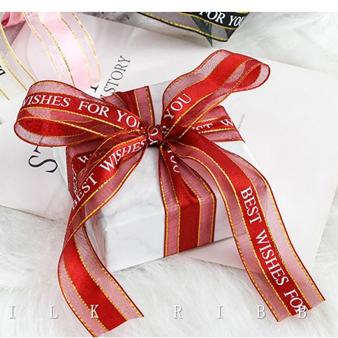 Wholesale 2.5cm width cheap custom letters luxury gold border satin ribbon ribbon custom nylon ribbon