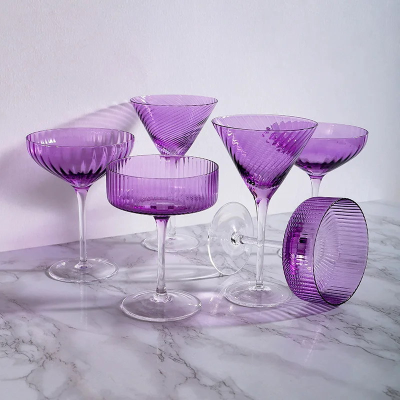Factory Wholesale Custom Purple Colored Stripped Wine Glass Cocktail Glasses Martini Glass For Bar
