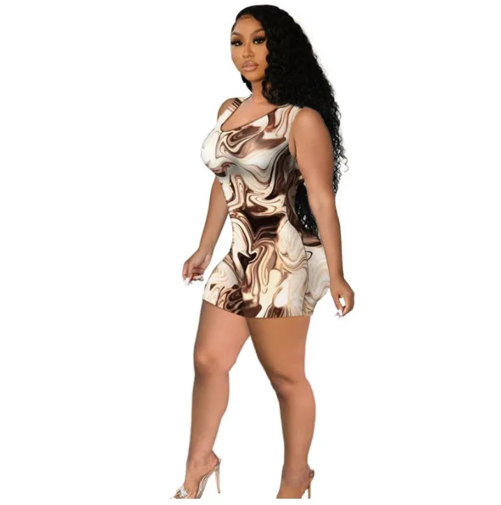 2022 Summer overall Jumpsuit Women u neck sleeveless leopard tie die camo ribbed strappy shorts jumpsuit