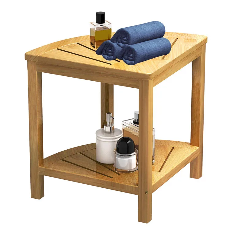 Bamboo Bathroom corner Shower Bench Stool with Shelf foot stool