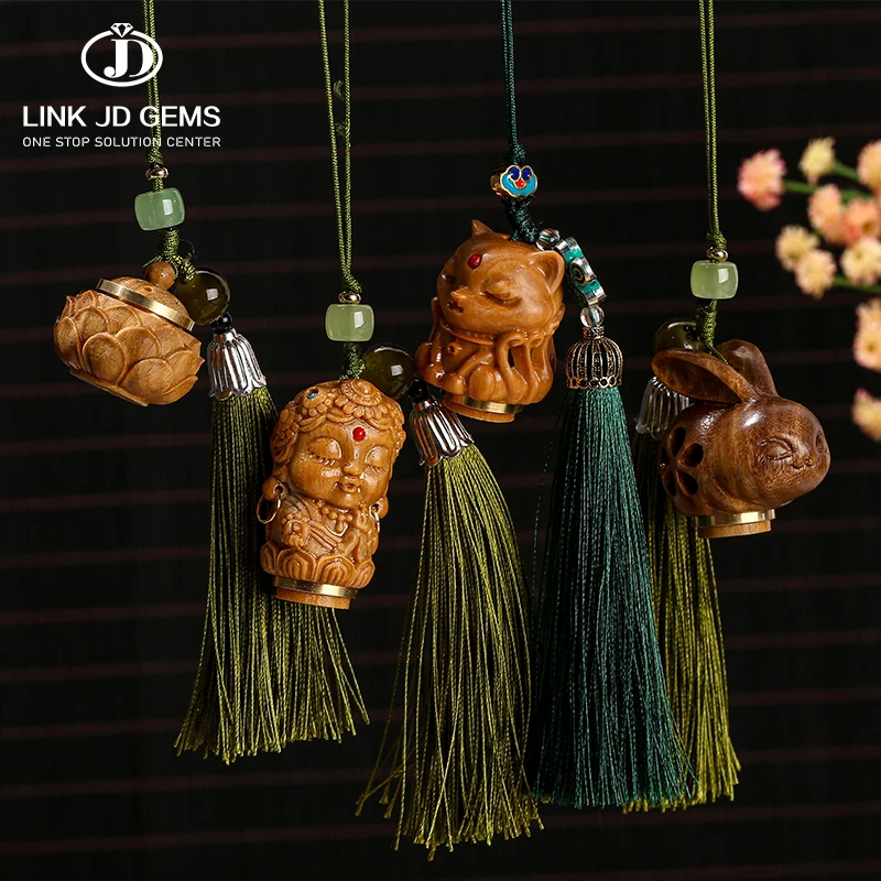 JD GEMS Wood Incense Expander Wood Hollow Carving Pendant White Jade Green Sandalwood Lotus Sachet Incense Box Charm