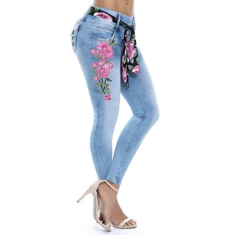
Embroidery Denim Jean For Women Skinny High Waist Jeans Female Blue Denim Pencil Pants Stretch Waist Women Jeans Plus Size Pant 