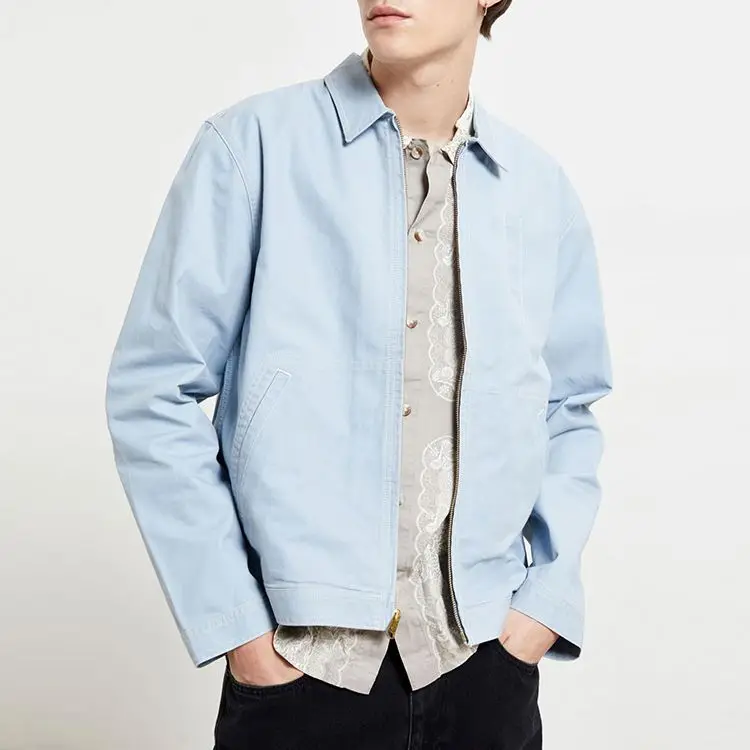 Men canvas jackets light blue men work jackets two welt pockets on the front
