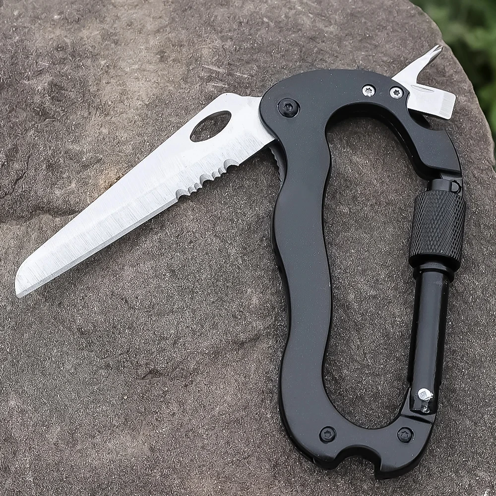 5-in-1 Multi-functional Outdoor Mountaineering Buckle,Hanging Buckle with Knife, Cross Screwdriver for Survive Self-defense