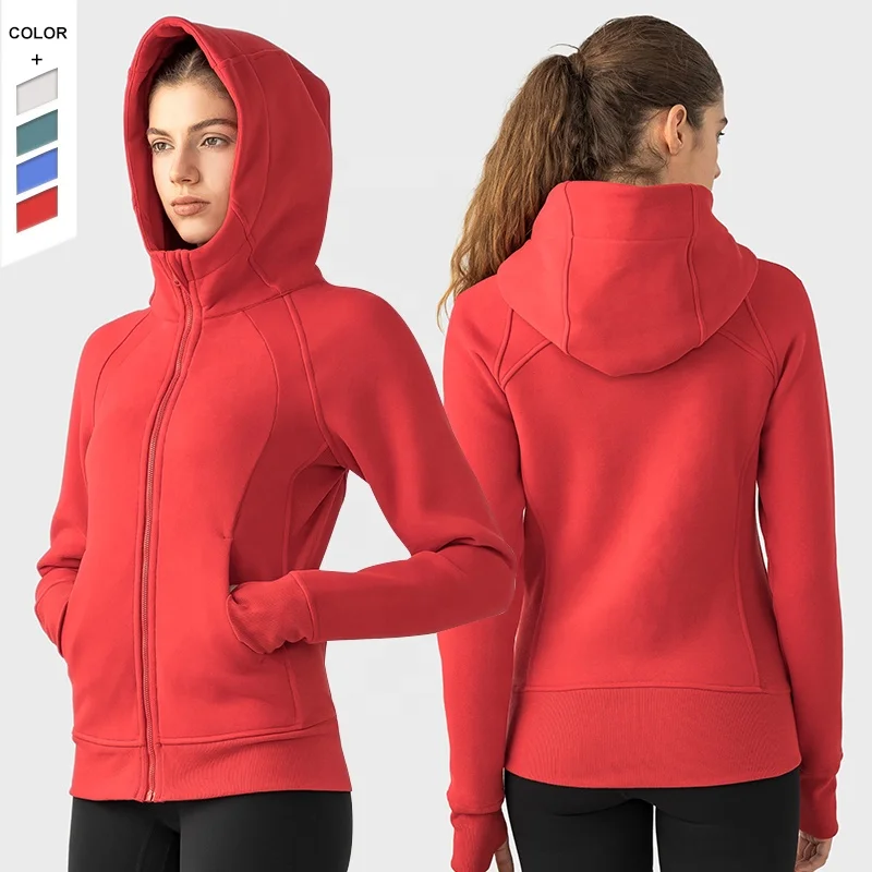 New Style Windproof Warm Jacket Stand Collar Pocket Solid Color Thumb Hole Workout Hooded Jacket