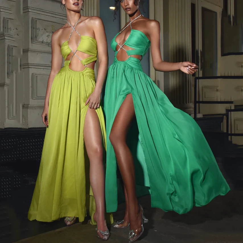 Customizing Your Own Brand Design High Quality Satin Party Banquet Dresses Women Sexy Hollow out High Split prom Evening Dress