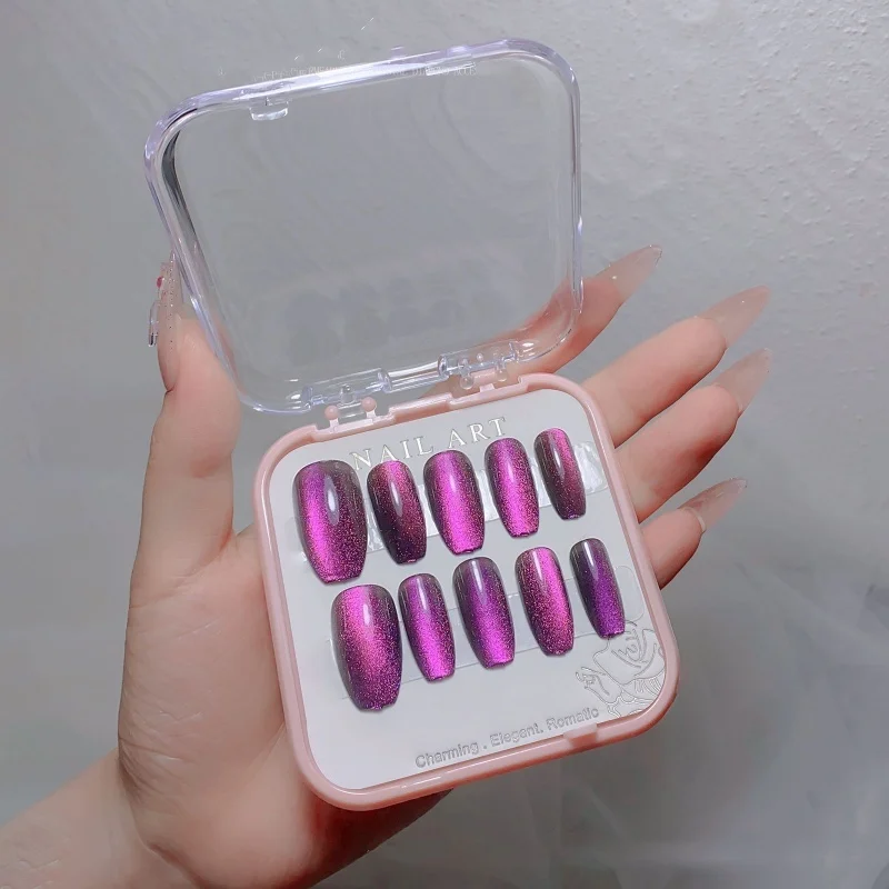 24pcs/box Crystal Cat Eye Wearable Nail Tips Shining Diamond Nail Patch Aurora Sparkling False Press on Acrylic Nails