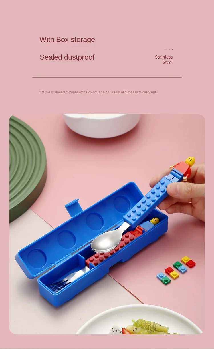 Stainless Kids Funny Fork Spoon Set Children Building Block Toys Cartoon Steel Tableware Portable Storage Jigsaw Puzzle Toys