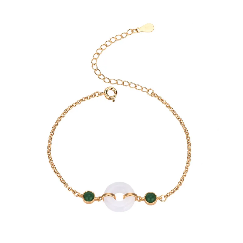 2024 New Product Chinese Style Retro Bracelet Gold-Plated Inlaid Green Beads Artificial White Jade Peace Buckle Gifts Weddings