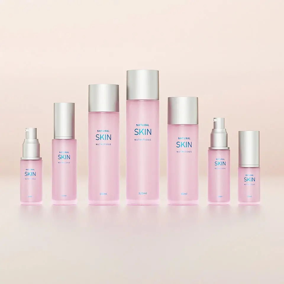 Custom Frosted Empty Pump Lotion Aluminum Cosmetic Packaging Luxury Matte Clear Cream Glass Skincare Bottles and Jars Set