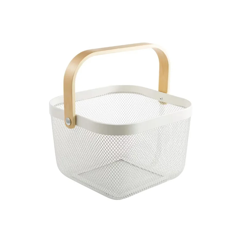 Mesh Steel Fruit Basket Bin with Wood Handle Hanging Storage Organizer Farmhouse Harvest Gardening Basket