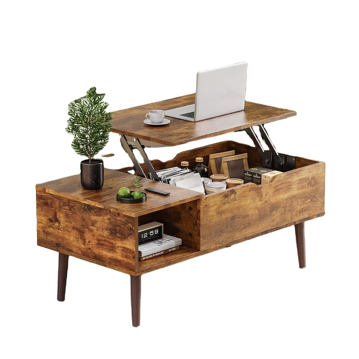 Small  Modern Wood Lift Top Coffee Table with Storage Shelf for Living Room