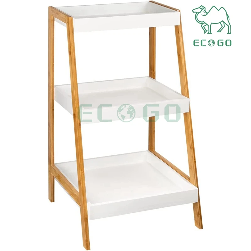 Bamboo & Wood Ladder Shelf With 3 Levels Small White Standing Shelf Bookcase Flower Stairs Bathroom Shelf